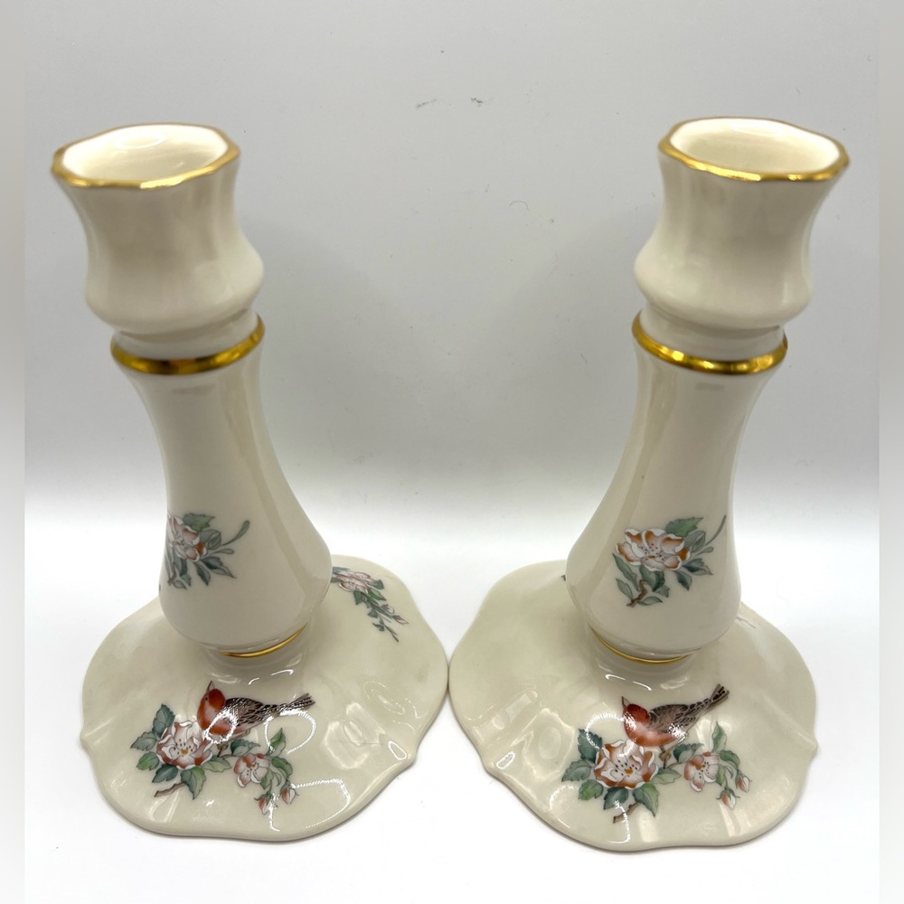 Set of 2 Vintage Lenox Serenade Candlestick Holders Bird Flowers Design Gold Rim
